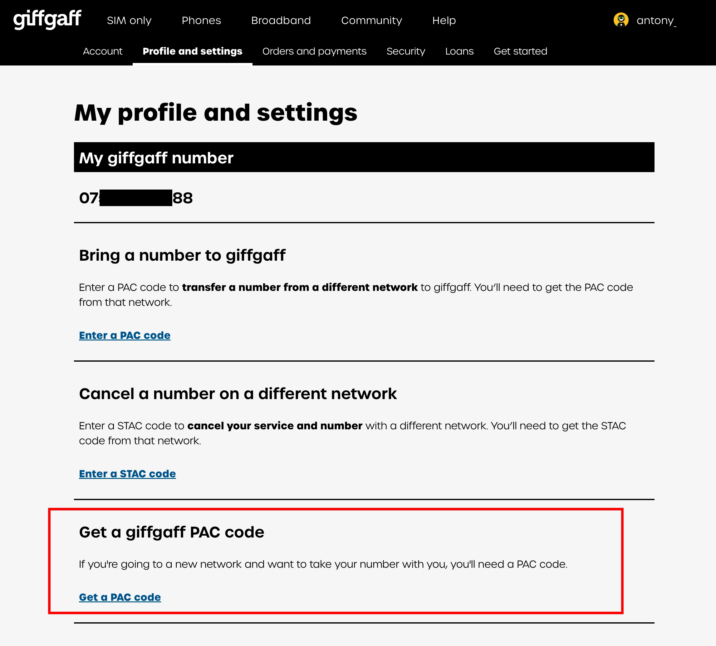 Giffgaff 获取 PAC